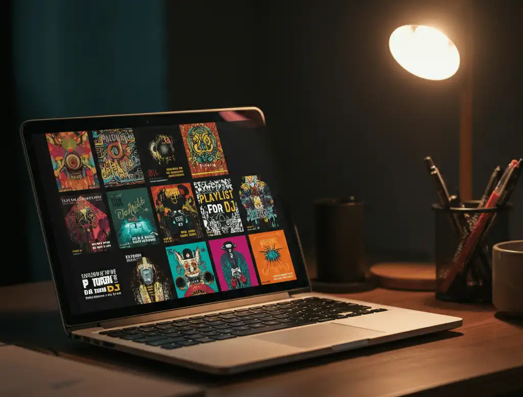 An open laptop on a wooden desk displays a grid of vibrant album covers with the words 'Playlist for DJs' prominently featured
