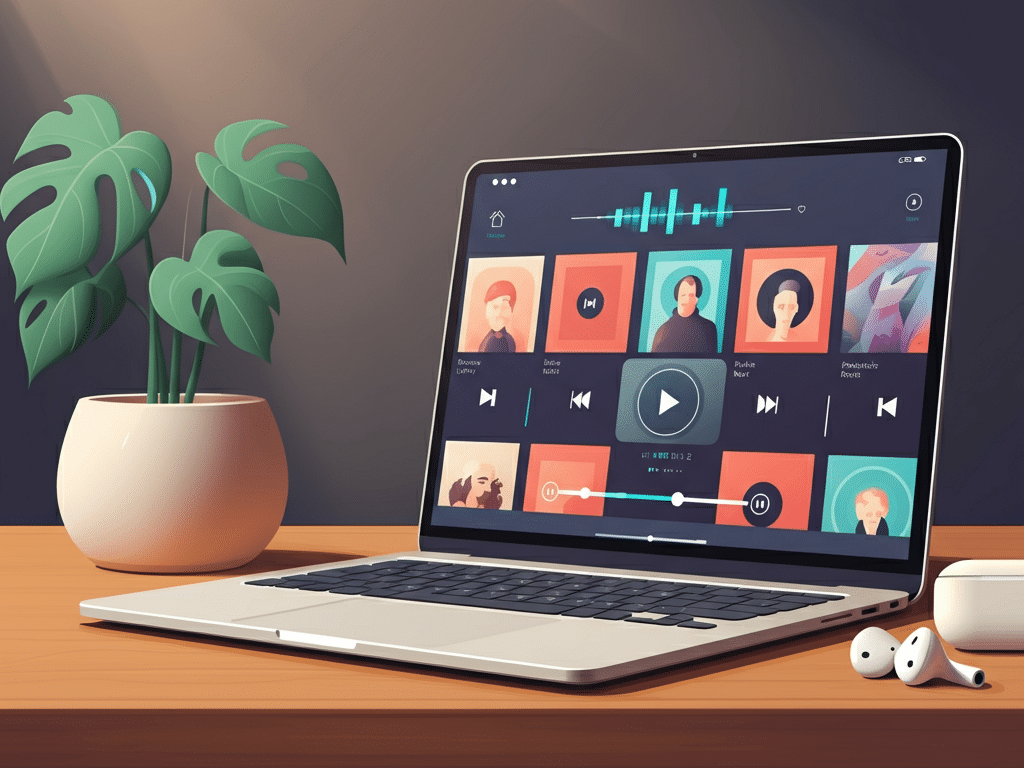 An open laptop on a wooden desk showing a dark-themed music streaming services