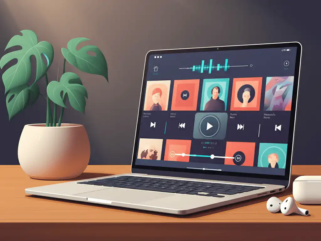 An open laptop on a wooden desk showing a dark-themed music streaming services
