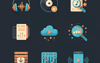 Headphones with waveform, vinyl with play button, music search, playlist stack with sliders, cloud with play, analytics magnifier, download into crate, mixer faders, and smartphone used for streaming services
