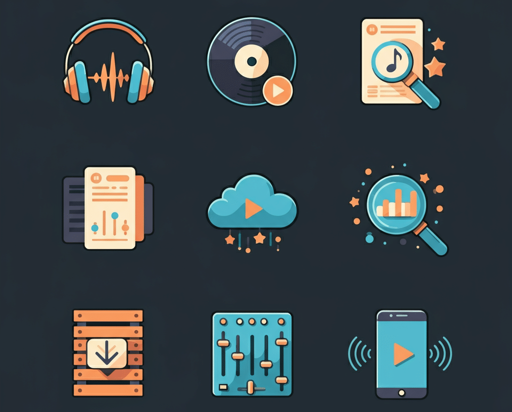 Headphones with waveform, vinyl with play button, music search, playlist stack with sliders, cloud with play, analytics magnifier, download into crate, mixer faders, and smartphone used for streaming services
