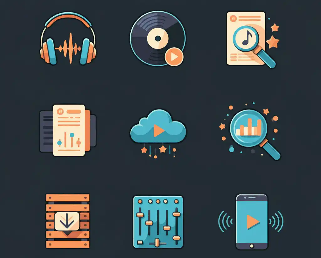 Headphones with waveform, vinyl with play button, music search, playlist stack with sliders, cloud with play, analytics magnifier, download into crate, mixer faders, and smartphone used for streaming services