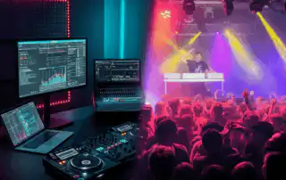 Split-screen image showcasing DJs streaming and live gigs