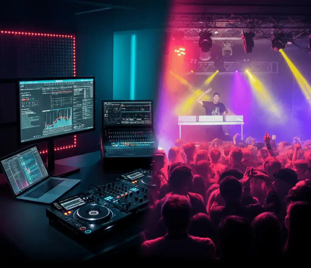 Split-screen image showcasing DJs streaming and live gigs