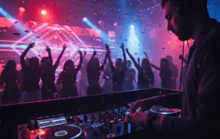 A DJ intensely focused on mixing tracks at a vibrant nightclub, demonstrating expert song selection criteria