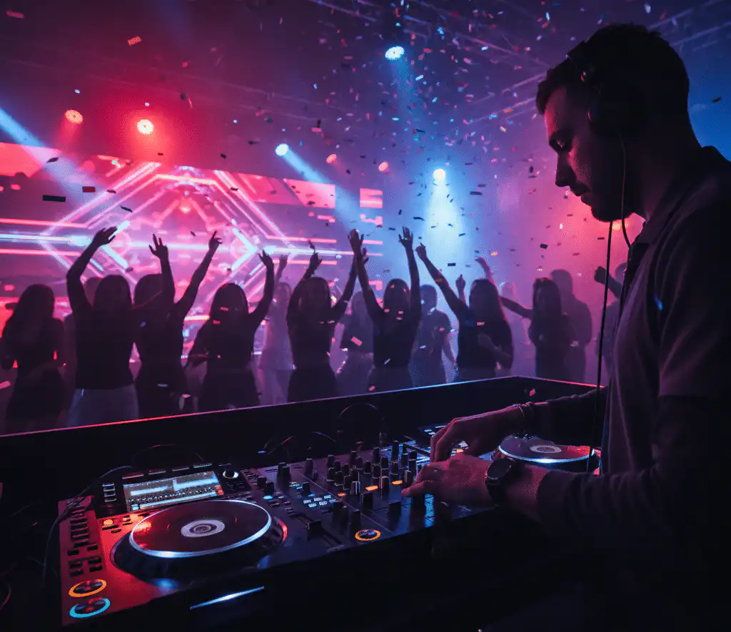A DJ intensely focused on mixing tracks at a vibrant nightclub, demonstrating expert song selection criteria