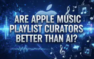 A dark blue, tech-inspired background. The bold, white text Are Apple Music Playlist Curators Better Than AI is prominently displayed in capital letters