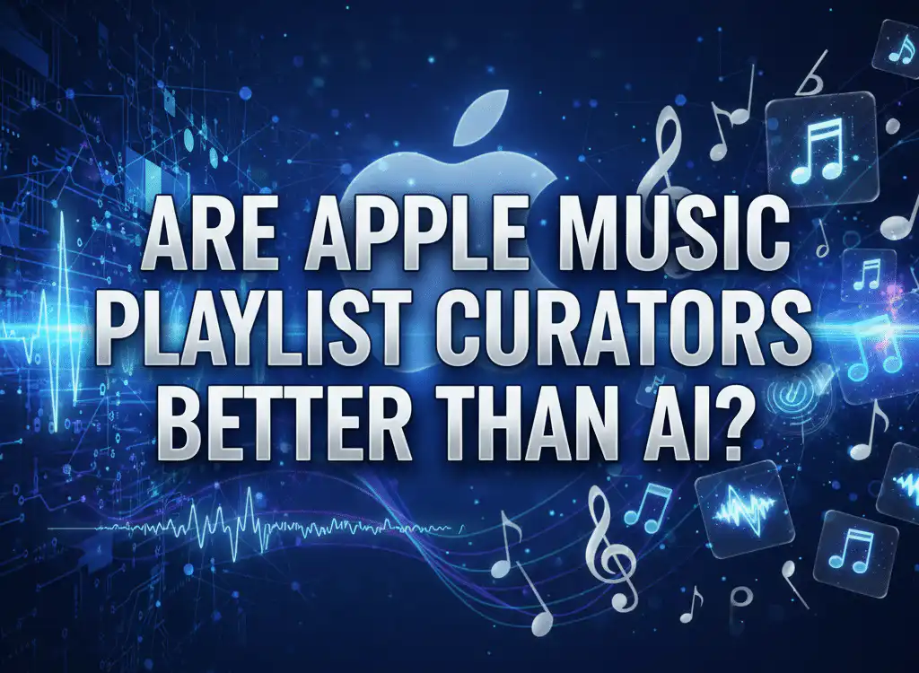 A dark blue, tech-inspired background. The bold, white text Are Apple Music Playlist Curators Better Than AI is prominently displayed in capital letters