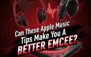 A graphic with a bold question Can These Apple Music Tips Make You a Better Emcee in vibrant red and white text with black outlines