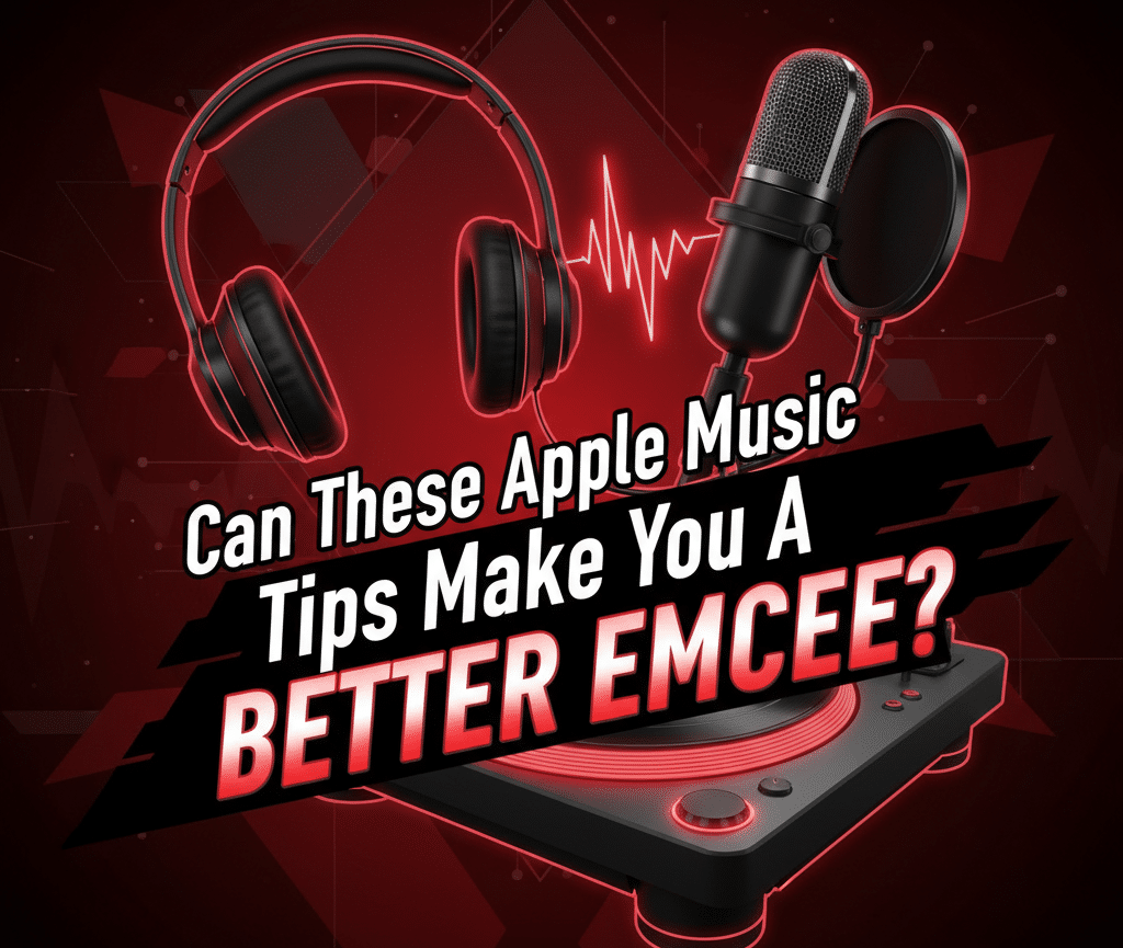 A graphic with a bold question Can These Apple Music Tips Make You a Better Emcee in vibrant red and white text with black outlines