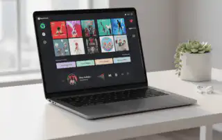 A laptop displaying a music streaming services app on a white desk, accompanied by a succulent plant and wireless earbuds