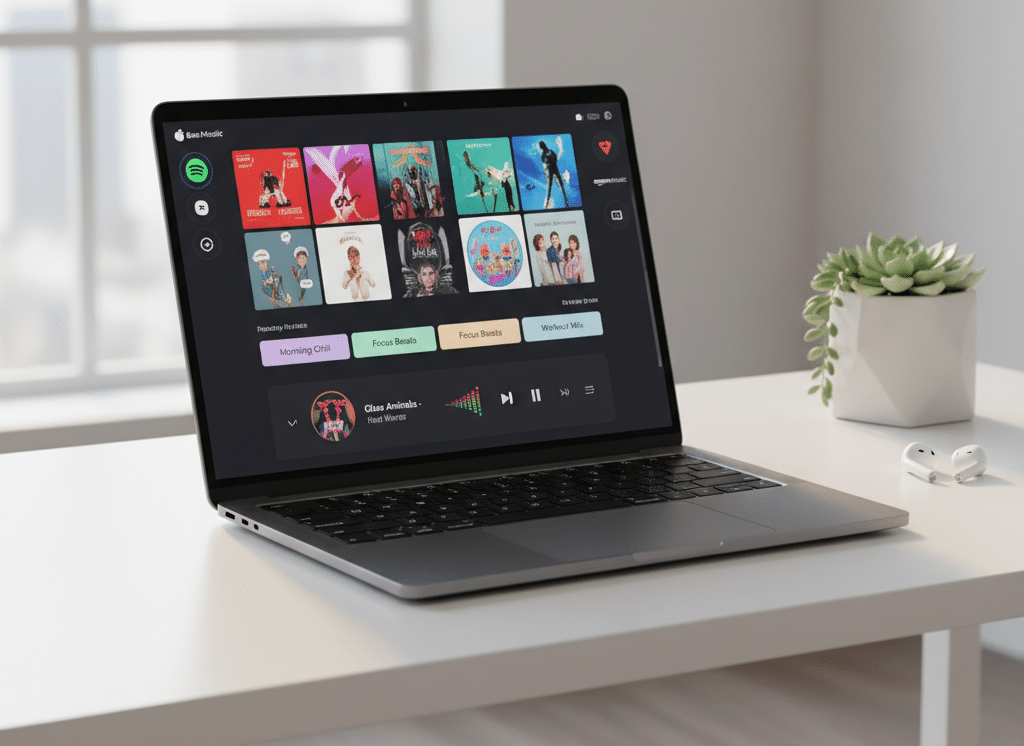 A laptop displaying a music streaming services app on a white desk, accompanied by a succulent plant and wireless earbuds