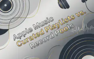 A modern and sleek music-themed graphic comparing Apple Music Curated Playlists and Record Pools.