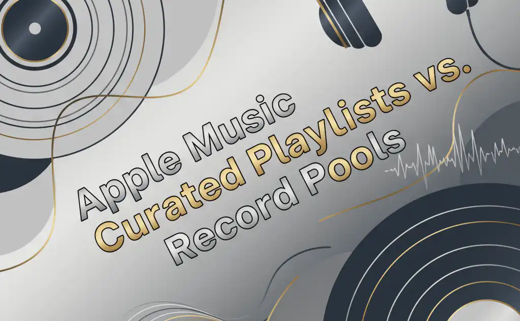 A modern and sleek music-themed graphic comparing Apple Music Curated Playlists and Record Pools.