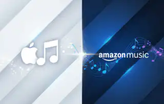 A split-screen image of Apple Music vs Amazon Music