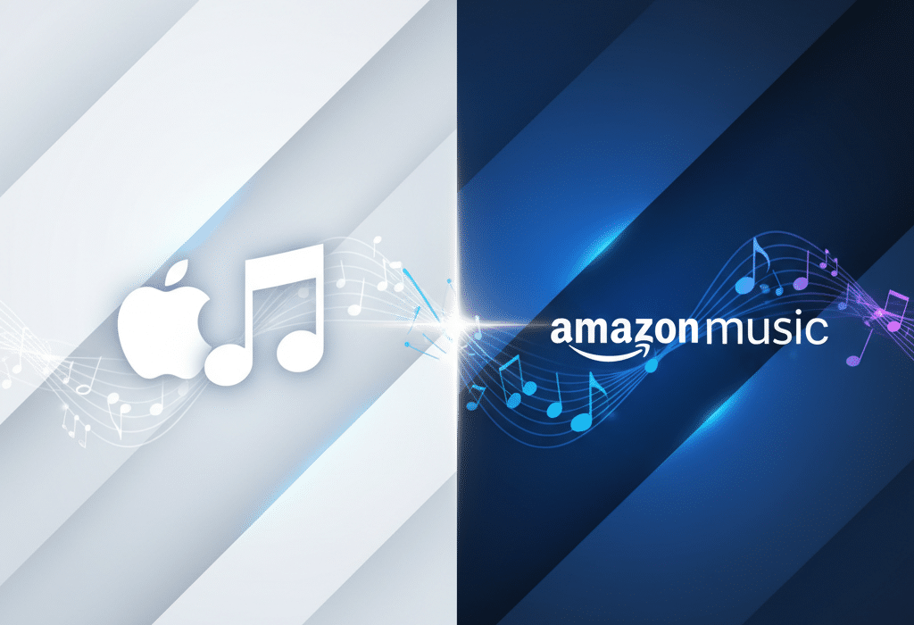 A split-screen image of Apple Music vs Amazon Music