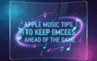 Illustration of 'Apple Music Tips to Keep Emcees Ahead of the Game' displayed on a glowing, futuristic glass screen