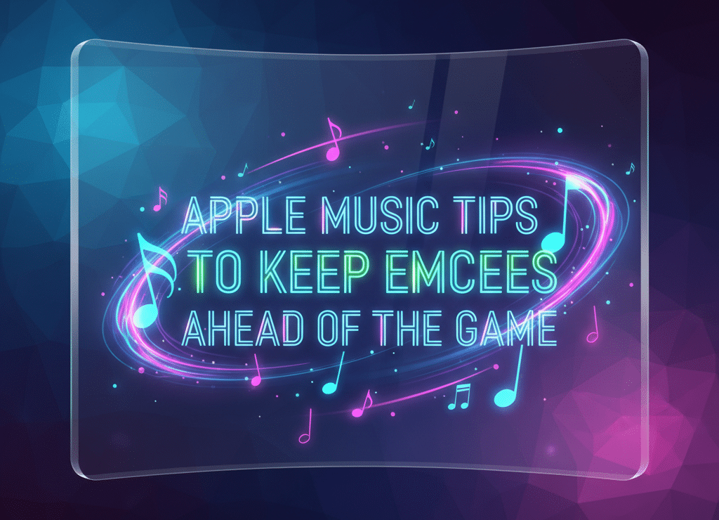 Illustration of 'Apple Music Tips to Keep Emcees Ahead of the Game' displayed on a glowing, futuristic glass screen