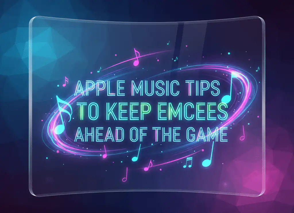 Illustration of 'Apple Music Tips to Keep Emcees Ahead of the Game' displayed on a glowing, futuristic glass screen