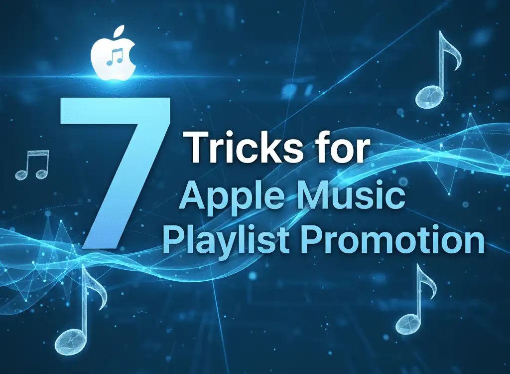 Promotional graphic featuring a large blue gradient with the text 7 Tricks for Apple Music Playlist Promotion in white and blue