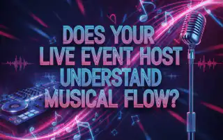 An illustration of a vibrant, neon-lit music event scene featuring a microphone and DJ deck, with the text Does Your Live Event Host Understand Musical Flow