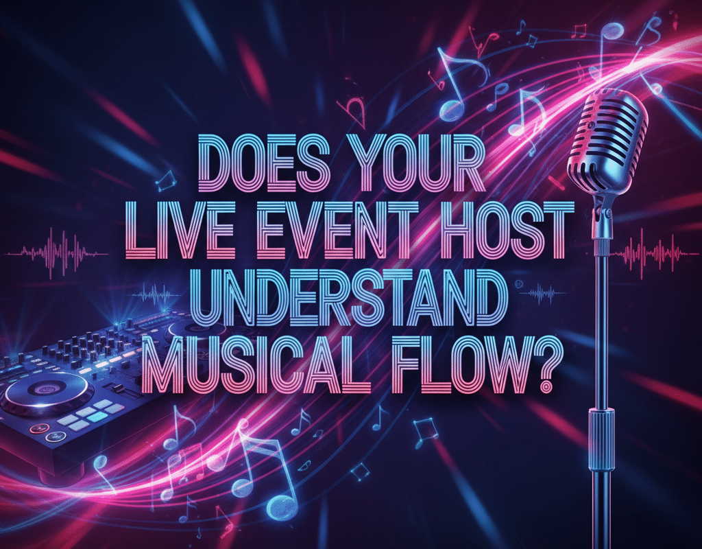 An illustration of a vibrant, neon-lit music event scene featuring a microphone and DJ deck, with the text Does Your Live Event Host Understand Musical Flow
