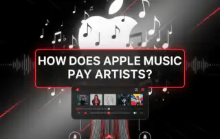 An illustration titled How Does Apple Music Pay Artists featuring a sleek design with music notes, a streaming app interface, and a modern aesthetic