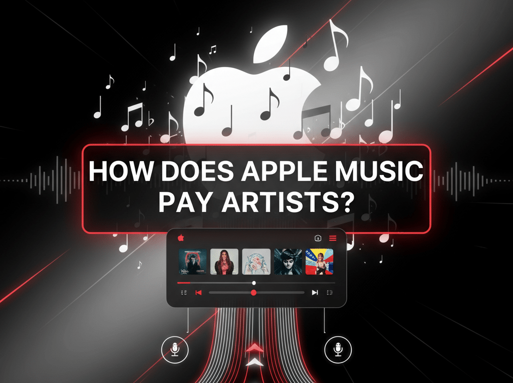 An illustration titled How Does Apple Music Pay Artists featuring a sleek design with music notes, a streaming app interface, and a modern aesthetic
