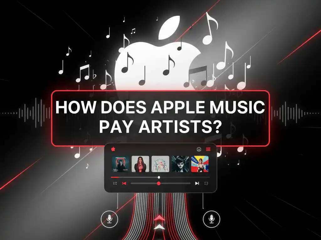 An illustration titled How Does Apple Music Pay Artists featuring a sleek design with music notes, a streaming app interface, and a modern aesthetic