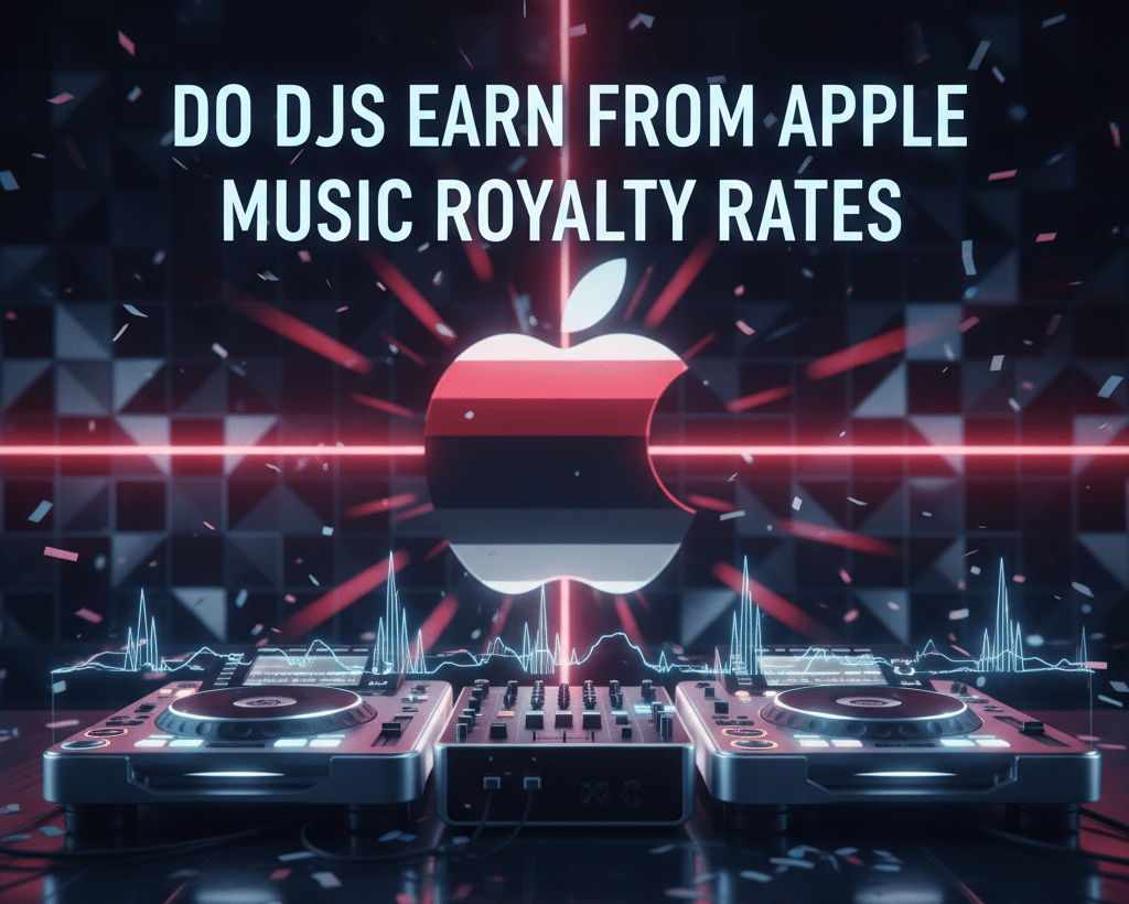 An image featuring a DJ setup with turntables and a glowing Apple Music logo in the background. The text Do DJs Earn from Apple Music Royalty Rates