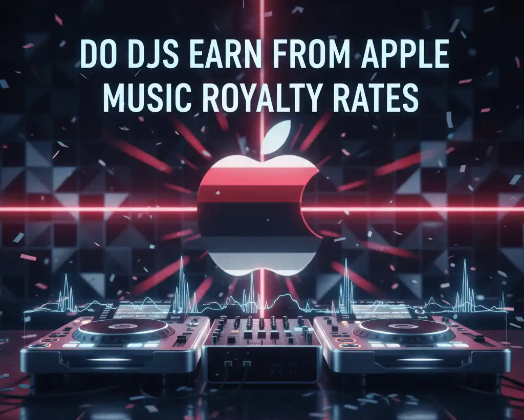 An image featuring a DJ setup with turntables and a glowing Apple Music logo in the background. The text Do DJs Earn from Apple Music Royalty Rates