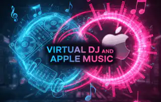 Futuristic neon-themed image showcasing the integration of Virtual DJ and Apple Music