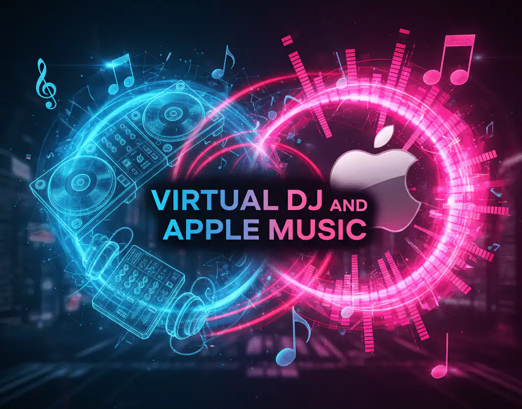 Futuristic neon-themed image showcasing the integration of Virtual DJ and Apple Music