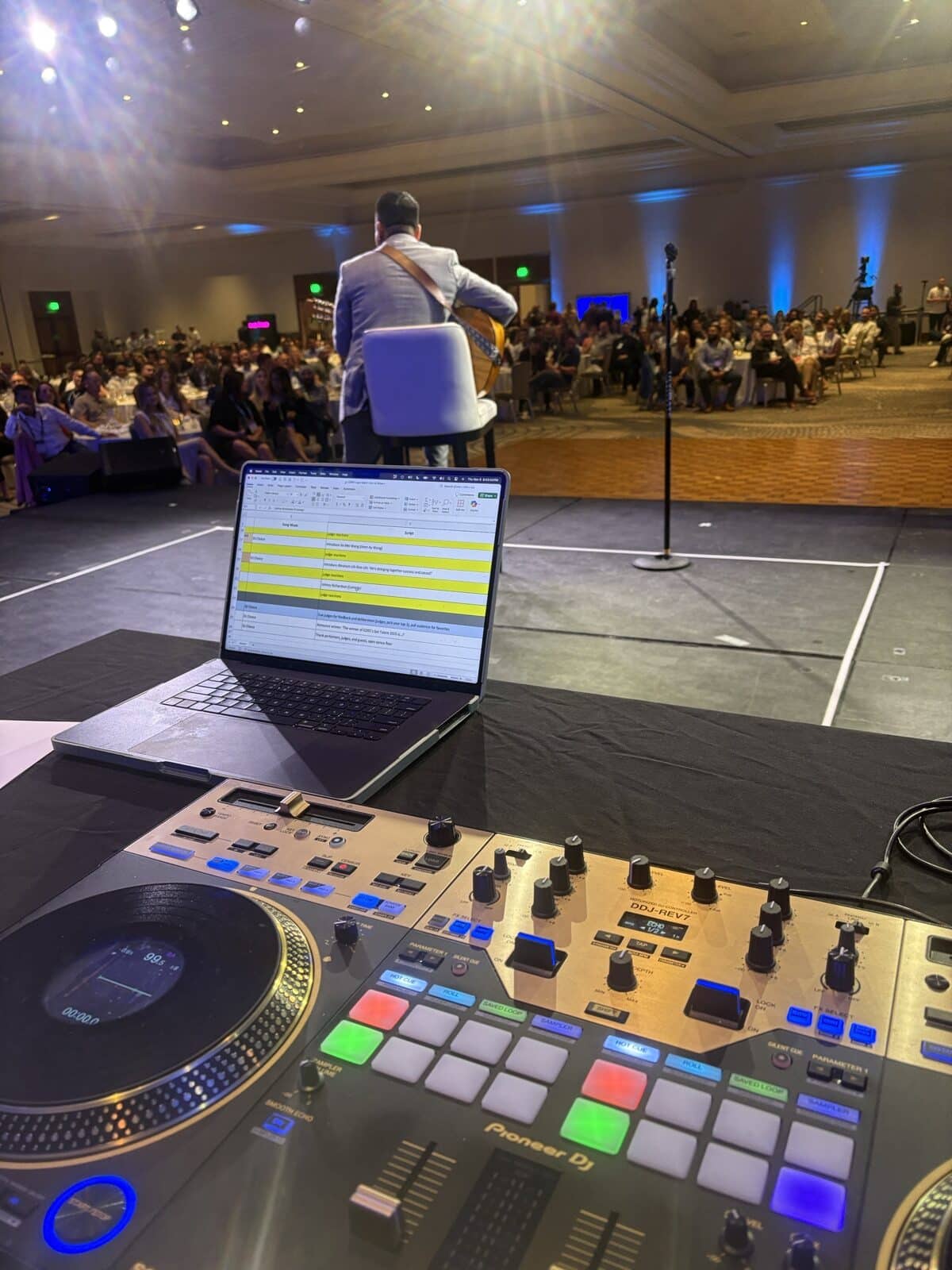View from DJ Will Gill's booth over a full corporate ballroom at the JW Marriott Starr Pass in Tucson
